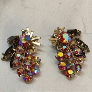 Vintage Red AB Rhinestone Dangle Clip Earrings Gold Tone Glam